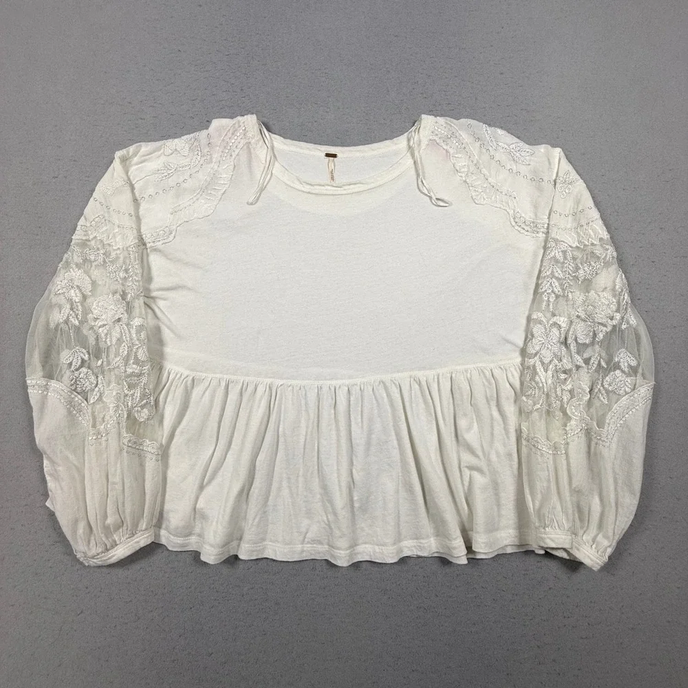 Free People White Lace Embroidered Peplum Long Sleeve Boho Blouse Womens Medium